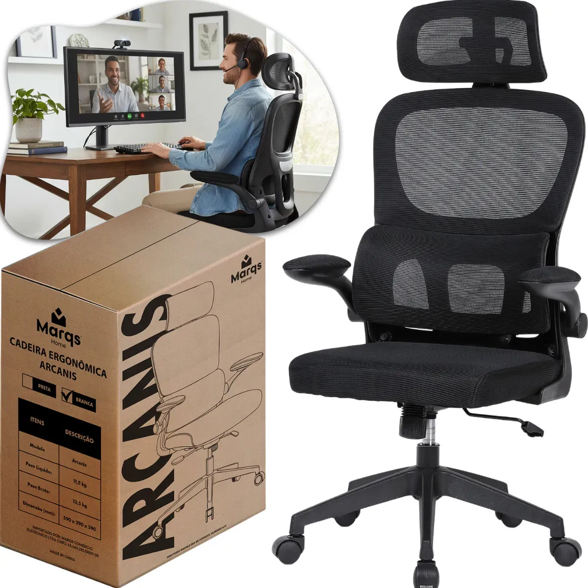 Cadeira Escritório Presidente Ergonômica NR17 Marqs Home Arcanis