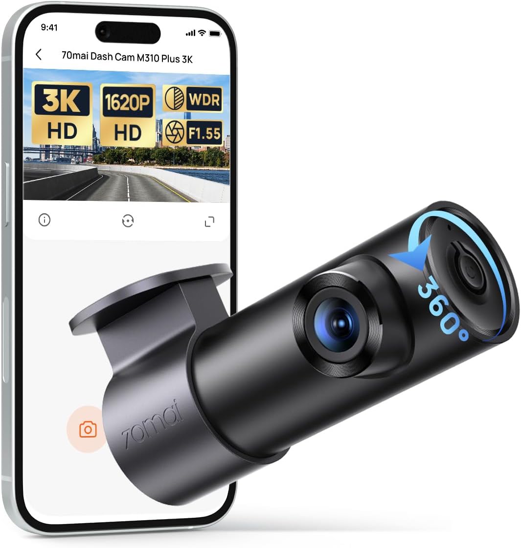 Câmera Veicular 70mai M310 Plus 3K com Monitoramento Câmera veicular preta compacta instalada no para-brisa exibindo lente giratória e acabamento moderno