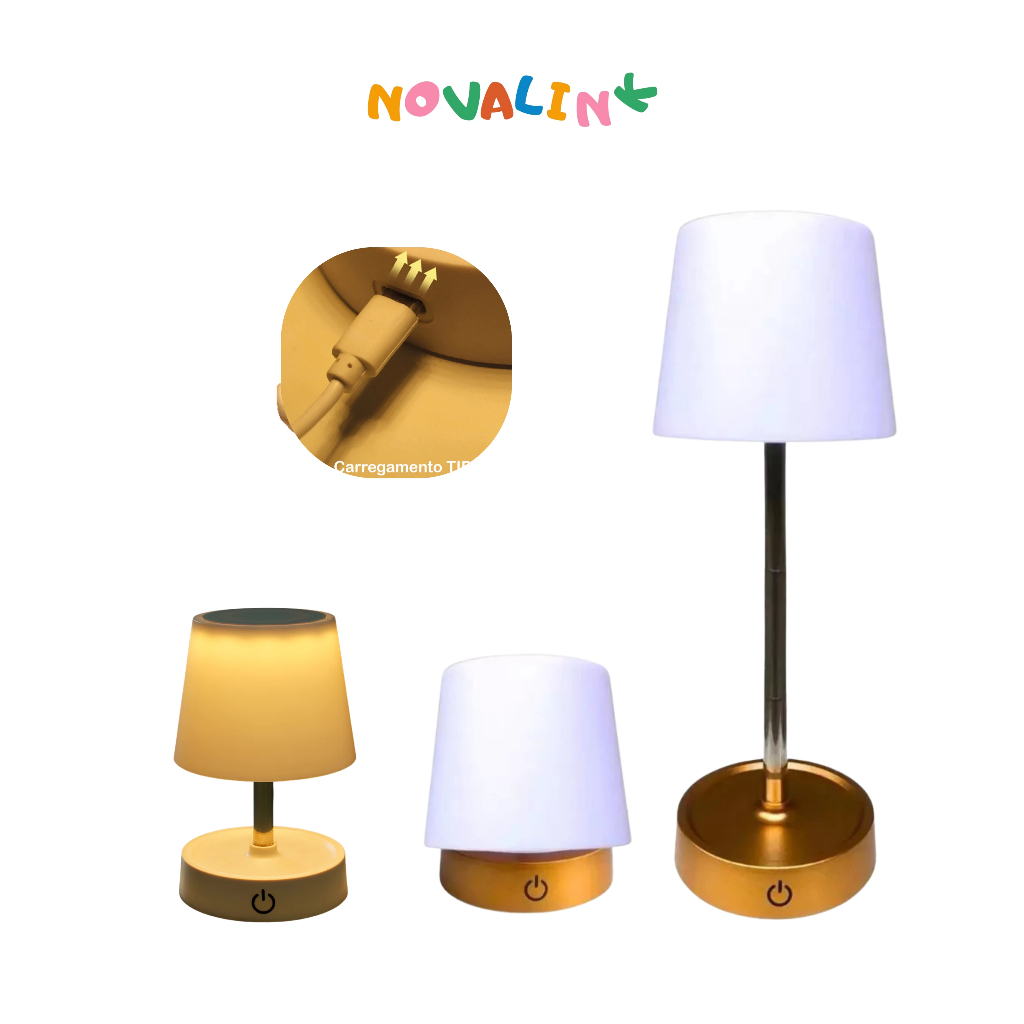 Abajur Recarregável Touch Luminária Retrátil em Aço com LED Branco Quente