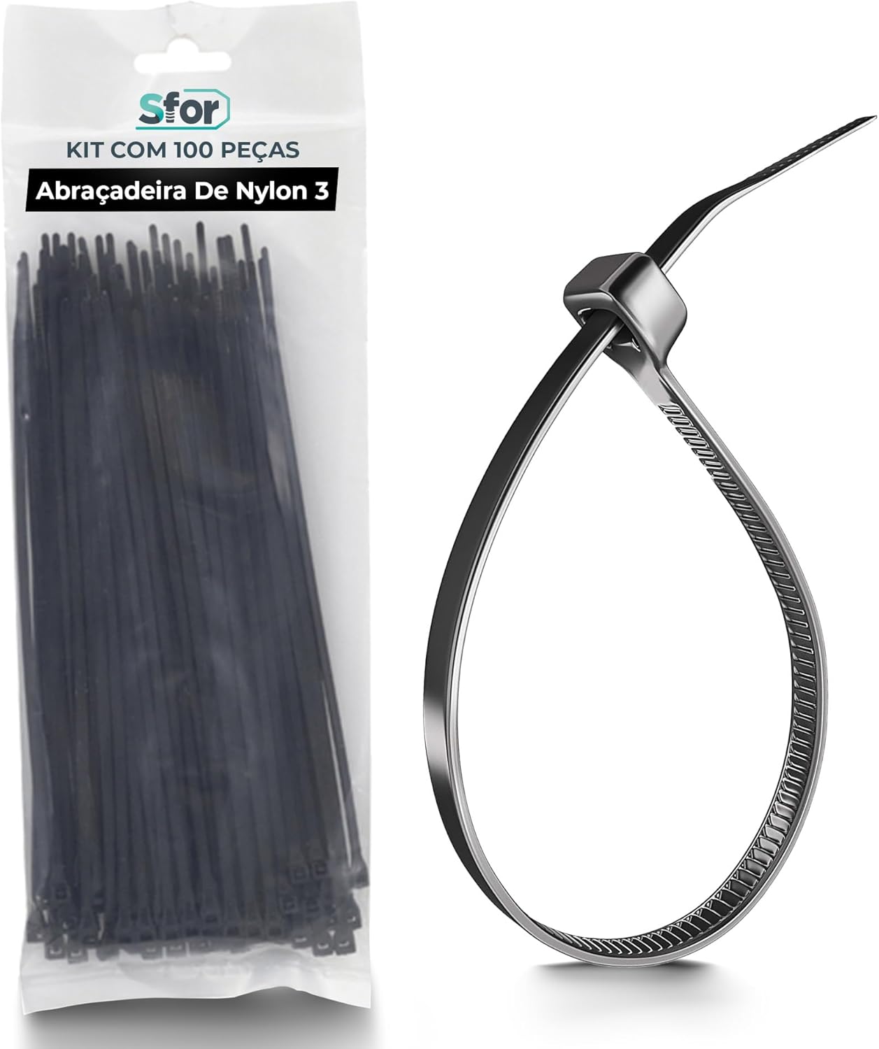 Abraçadeira de Nylon Sforplast 3,5x200mm Preta - Pacote com 100 Unidades