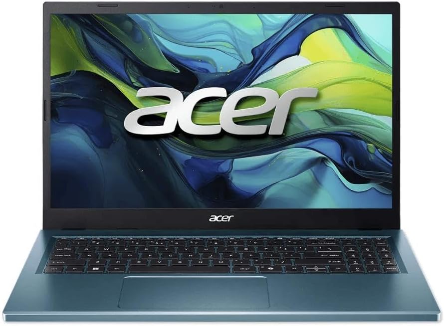 Acer Aspire Go 15 em detalhe frontal Notebook prateado aberto mostrando tela de 15 polegadas e teclado completo em ambiente de escritório iluminado