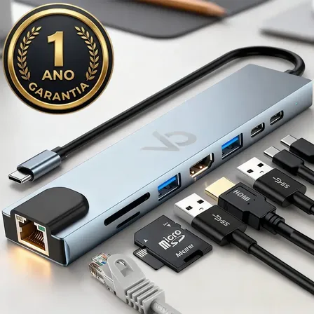Adaptador Hub USB-C 8 em 1 com RJ45, HDMI e Leitor de Cartões