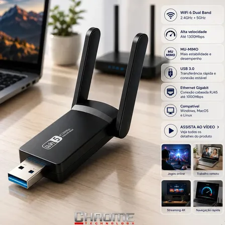 Adaptador Wi-Fi USB 3.0 Dual Band 5GHz: Alta Velocidade para PC e Notebook