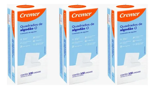 3 Pacotes de Algodão Quadrado Cremer Sem Perfume 300 Unidades