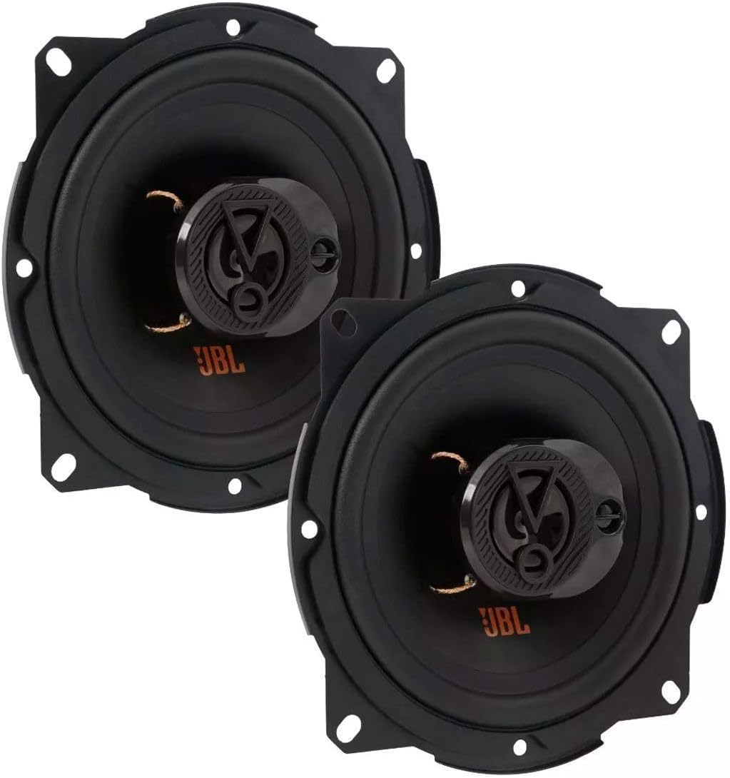 Alto Falante 5 Polegadas JBL 5TRFX55 Triaxial Par de alto falantes pretos de 5 polegadas JBL com cone triaxial e detalhe da marca centralizado
