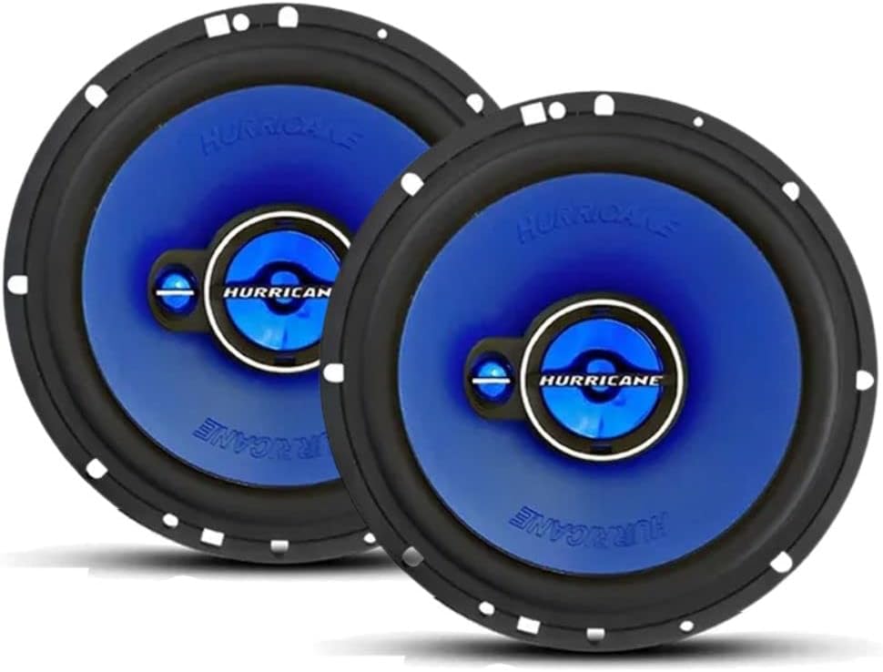 Alto Falantes Hurricane TRIAK6 6 Polegadas Triaxial Par de alto falantes triaxiais na cor azul instalados em um painel automotivo simulado