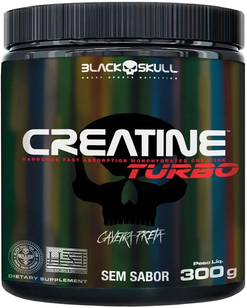 Suplemento Creatine Turbo Black Skull 300g Sem Sabor Pote de suplemento preto e azul da marca Black Skull contendo creatina em pó de 300g