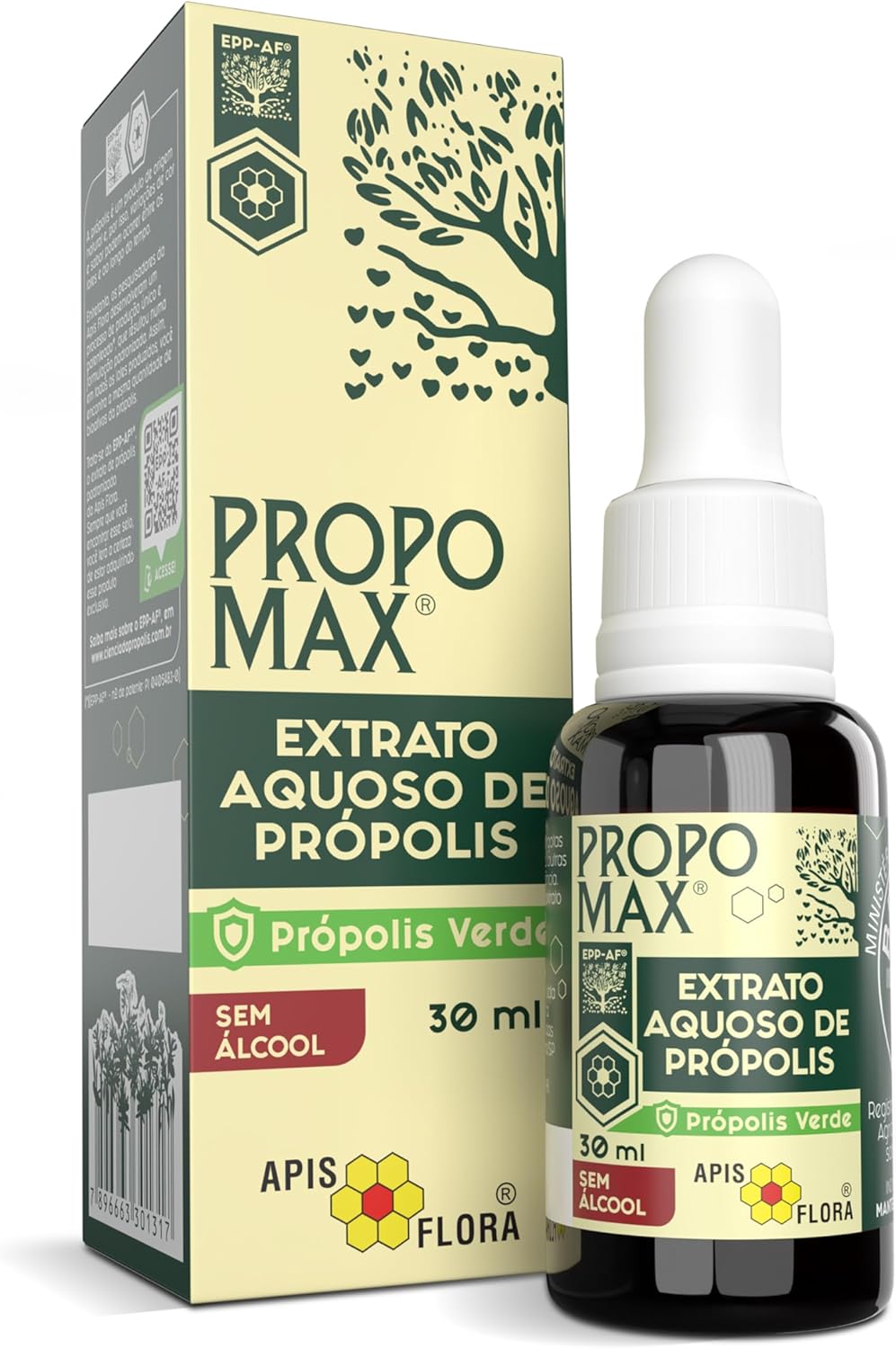 Apis Flora Propomax Extrato Aquoso 30ml Frasco de Extrato Aquoso de Própolis Propomax de 30 ml posicionado em superfície clara