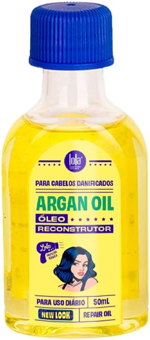 Argan Óleo Reparador Lola Cosmetics 50ml Finalizador Frasco de Argan Óleo Reparador Lola Cosmetics 50ml sobre superfície neutra destacando embalagem colorida