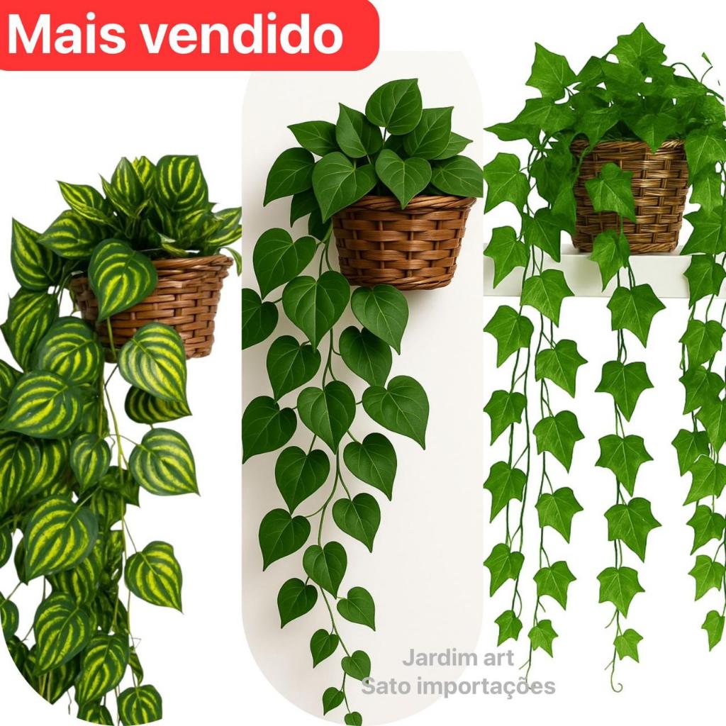 Arranjo com 3 Trepadeiras de Hera Artificial e Vaso Trançado Marrom