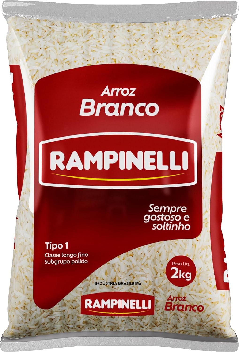 Pacote de arroz branco transparente com grãos selecionados e rótulo da marca Rampinelli Tipo 1