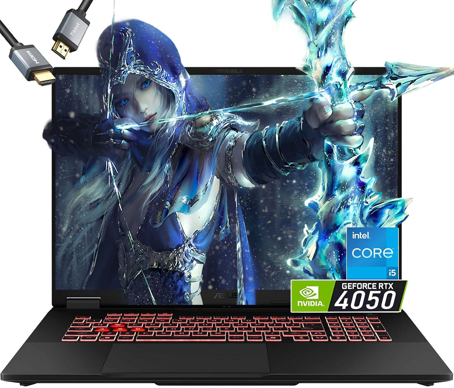 Notebook Gamer ASUS TUF Gaming F16 RTX 4050 Notebook ASUS TUF Gaming F16 aberto mostrando teclado RGB e tela de 16 polegadas com jogos