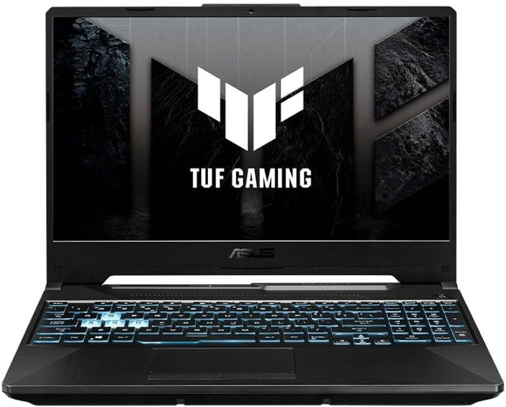 Notebook ASUS TUF Gaming FA506NC com RTX 3050 Notebook gamer cinza escuro aberto mostrando tela de 15 polegadas e teclado retroiluminado em ambiente de escritório