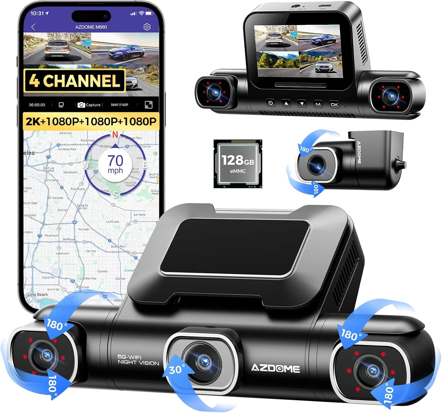 AZDOME M550 Max: Dash Cam 3 Canais com Resolução 4K e GPS
