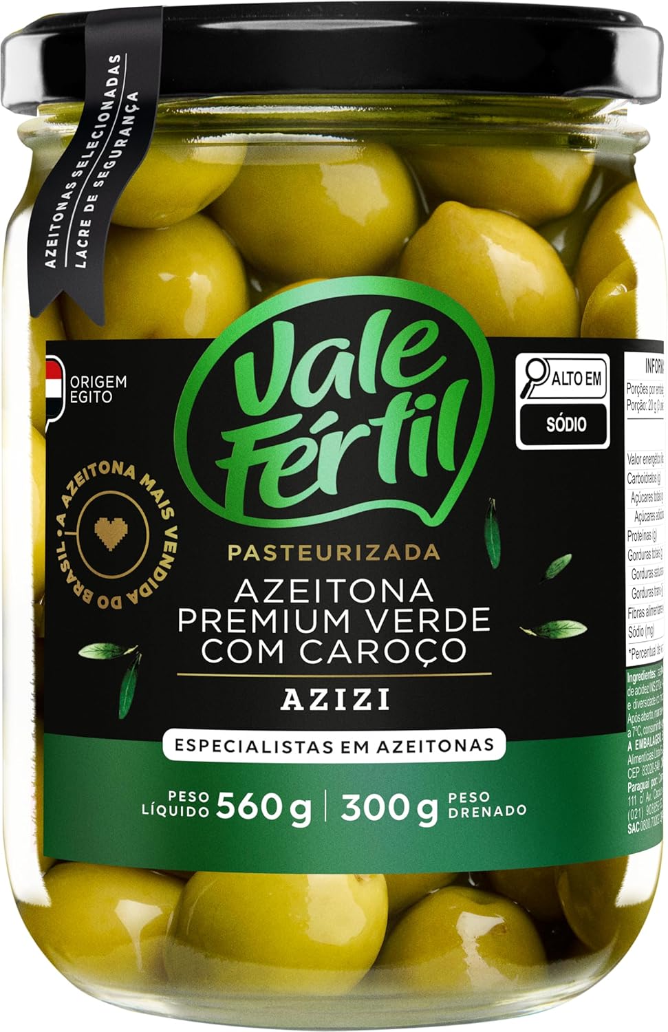 Azeitonas Verdes Premium Azizi Vale Fértil 300g em Vidro Frasco de vidro de azeitonas verdes premium da marca Vale Fértil linha Azizi sobre fundo neutro