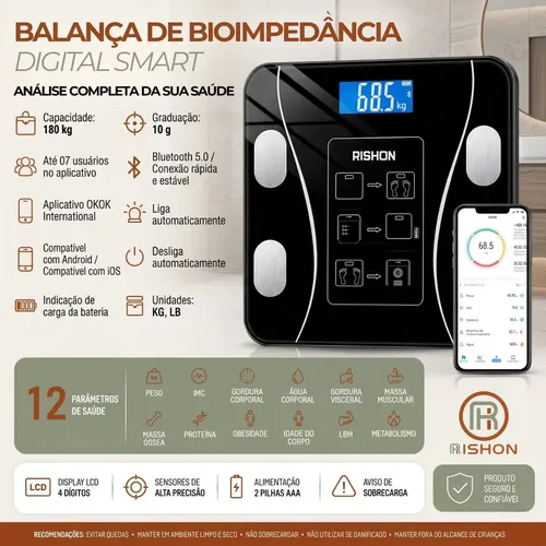 Balança Bioimpedância Digital 180kg Smart IMC Profissional Rishon