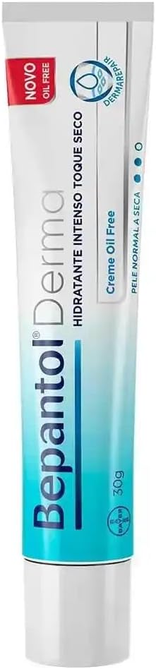 Hidratante Bepantol Derma Facial de 30 gramas Bisnaga de hidratante facial toque seco em fundo branco focando nos benefícios para pele seca