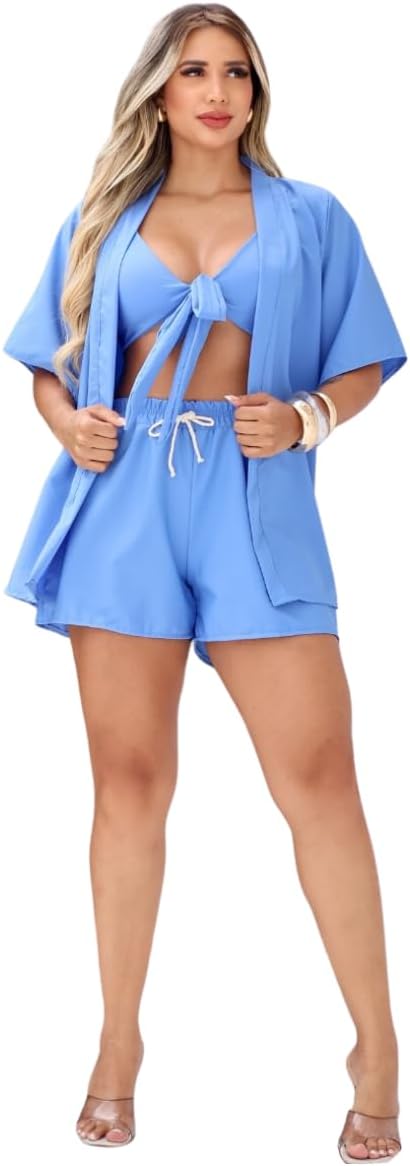 Biquíni Conjunto 3 Peças com Kimono e Short Cintura Alta