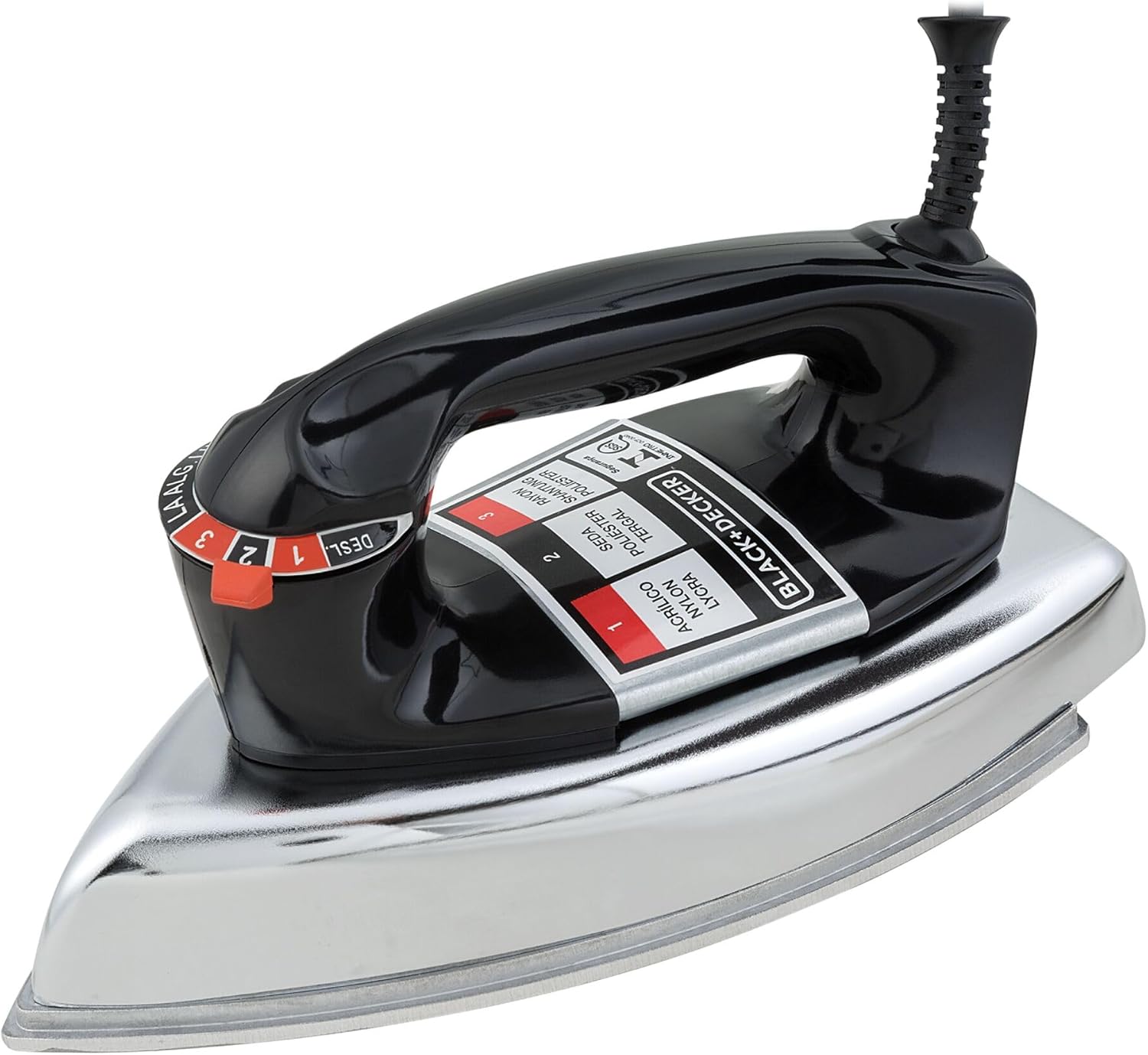 Ferro de Passar a Seco BLACK+DECKER Tradicional Preto Ferro de passar a seco preto com base metálica em descanso sobre superfície plana horizontal