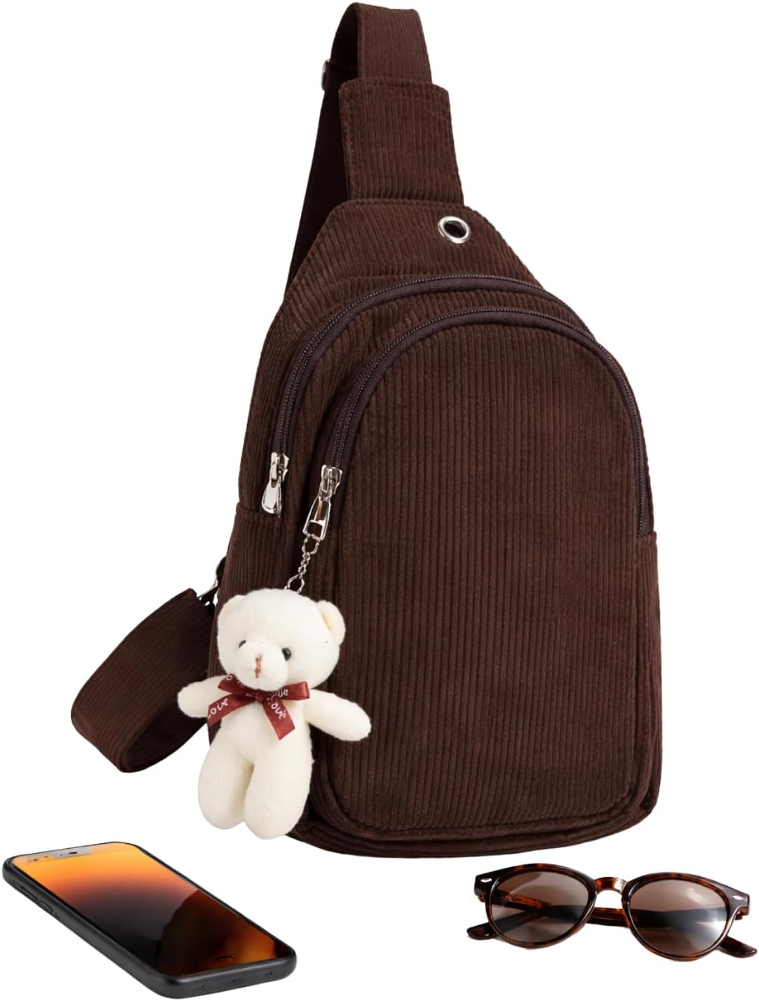 Bolsa Crossbody de Cotelê com Ursinho e Alça Ajustável