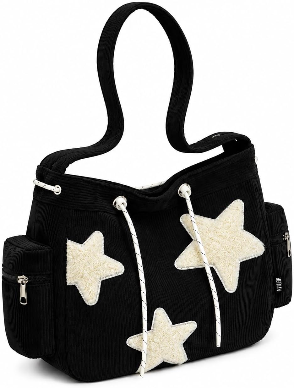 Bolsa Feminina Transversal de Corduroy com Estampa de Estrela