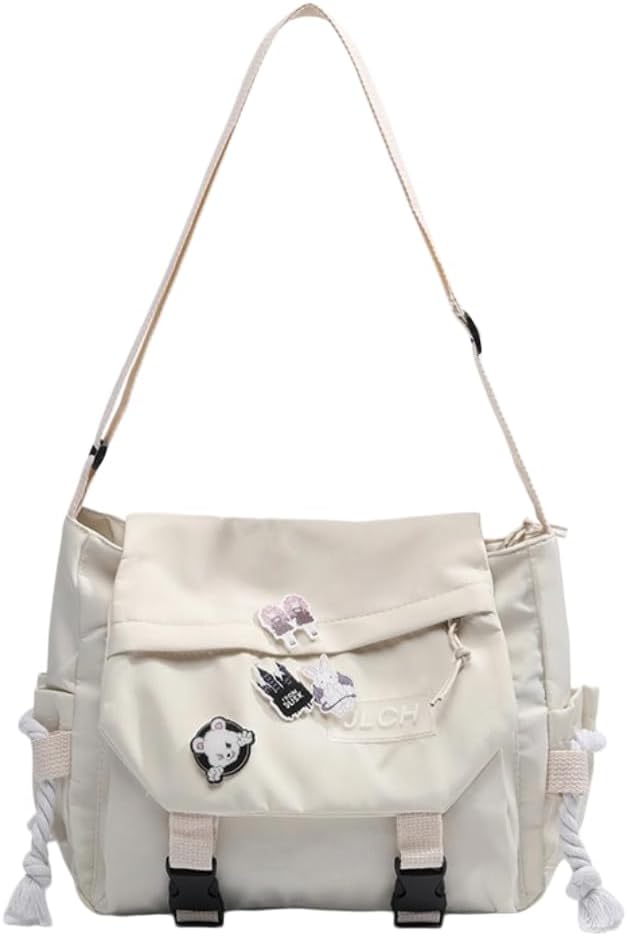 Bolsa Mensageiro Feminina Estilo Escolar com Patches e Alça Transversal