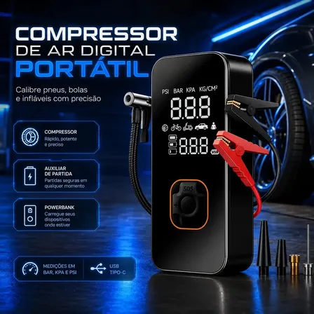 Bomba Elétrica Portátil Digital: Inflador Automotivo Multifuncional