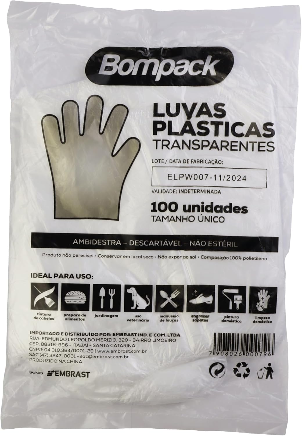 BOMPACK Luva Descartável (Caixa com 100 Unidades)