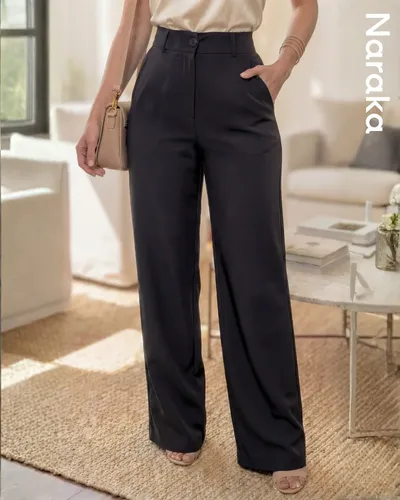 Calça Alfaiataria Feminina Wide Leg Social Cós Alto Preto Naraka