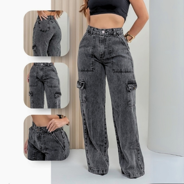 Calça Cargo Feminina Jeans Wide Leg com Bolso Lateral e Cintura Alta
