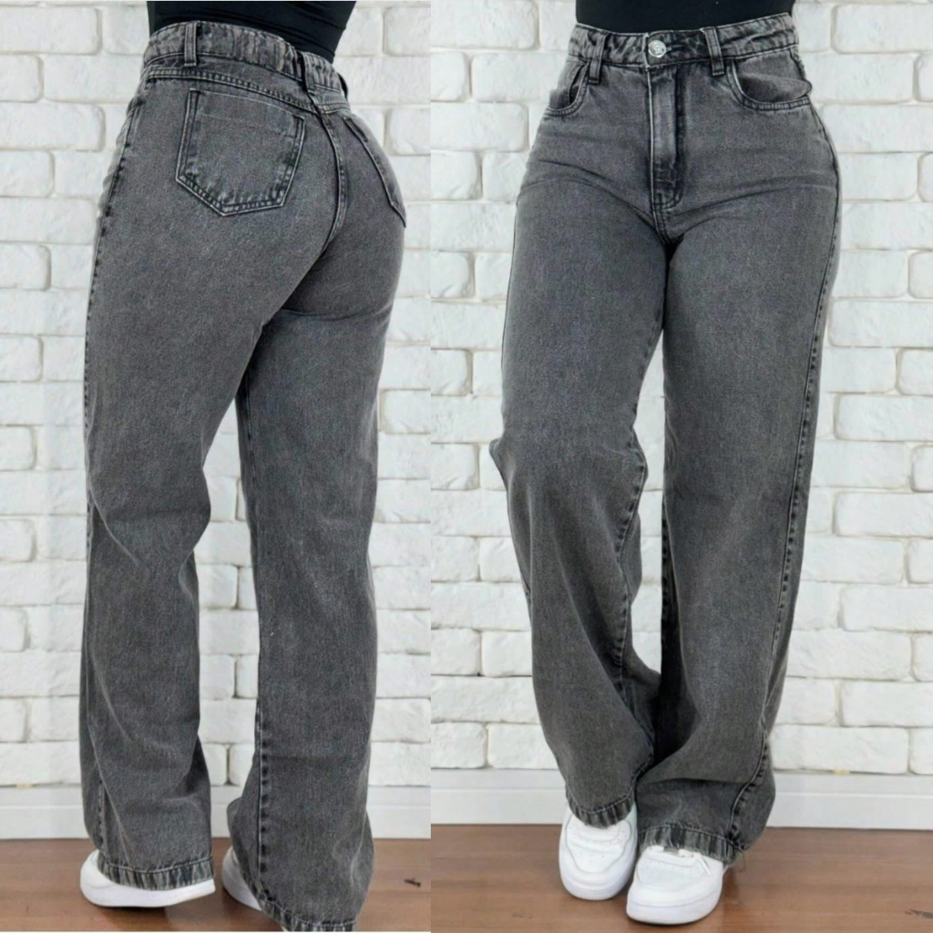 Calça Jeans Feminina Wide Leg Marmorizada Cintura Alta Premium