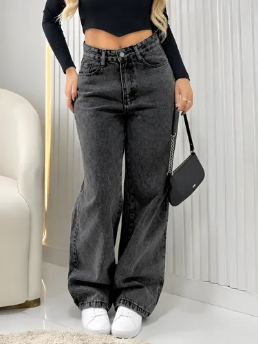 Calça Jeans Wide Leg Feminina Preta Marmo Cintura Alta