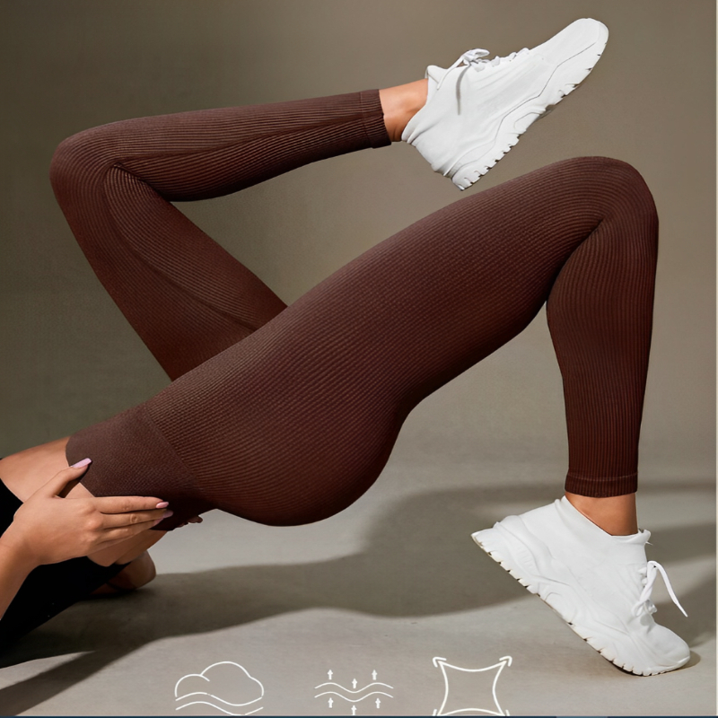 Calça Legging Canelada de Cintura Alta Sem Costura para Academia