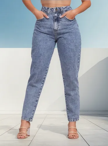 Calça Mom Jeans Feminina Cintura Alta Marmorizada Naraka