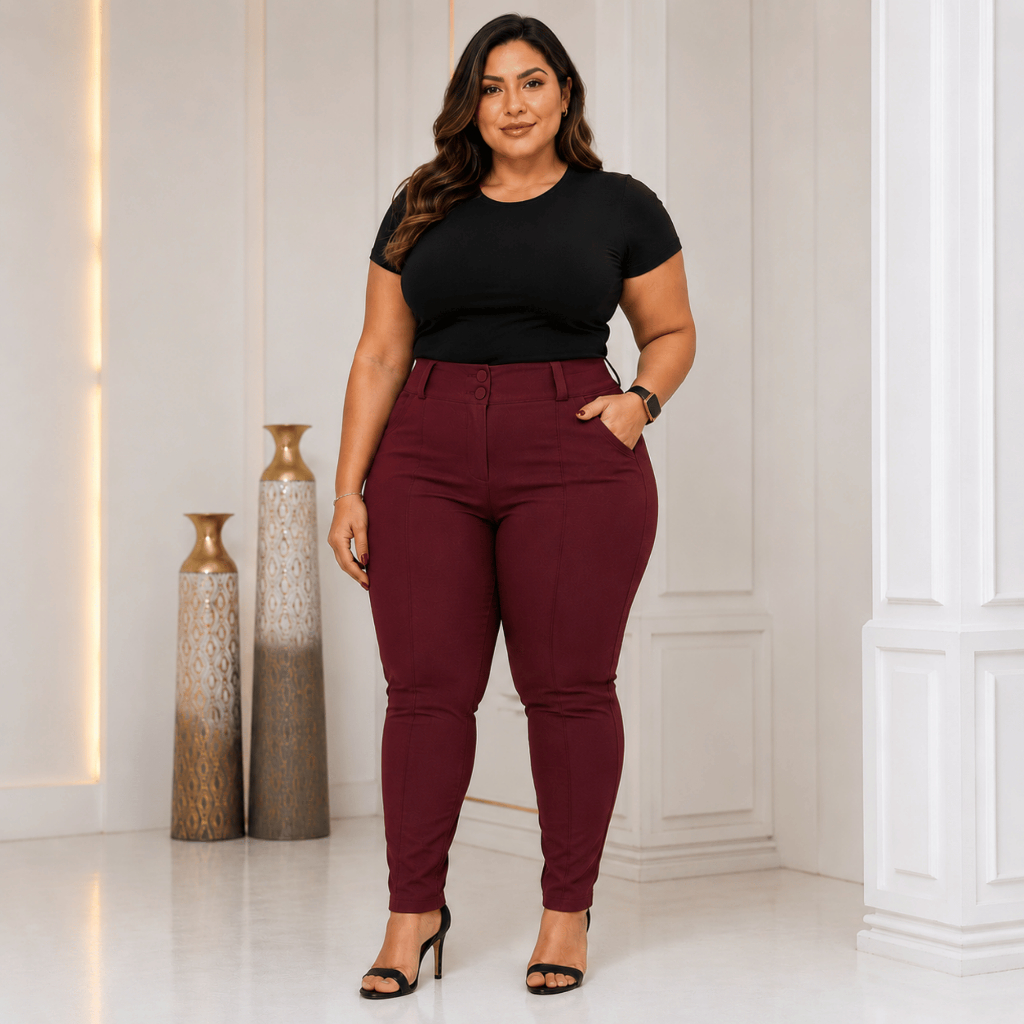 Calça Plus Size Feminina Social em Tecido Bengaline com Bolsos e Botões