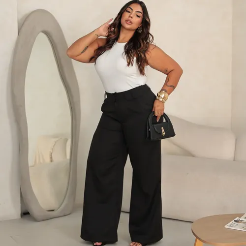 Calça Wide Leg Plus Size Pantalona Alfaiataria Elegante