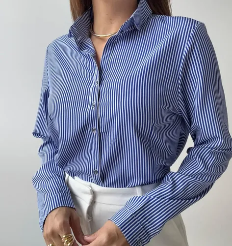Camisa Feminina Listrada Social Manga Longa com Botões