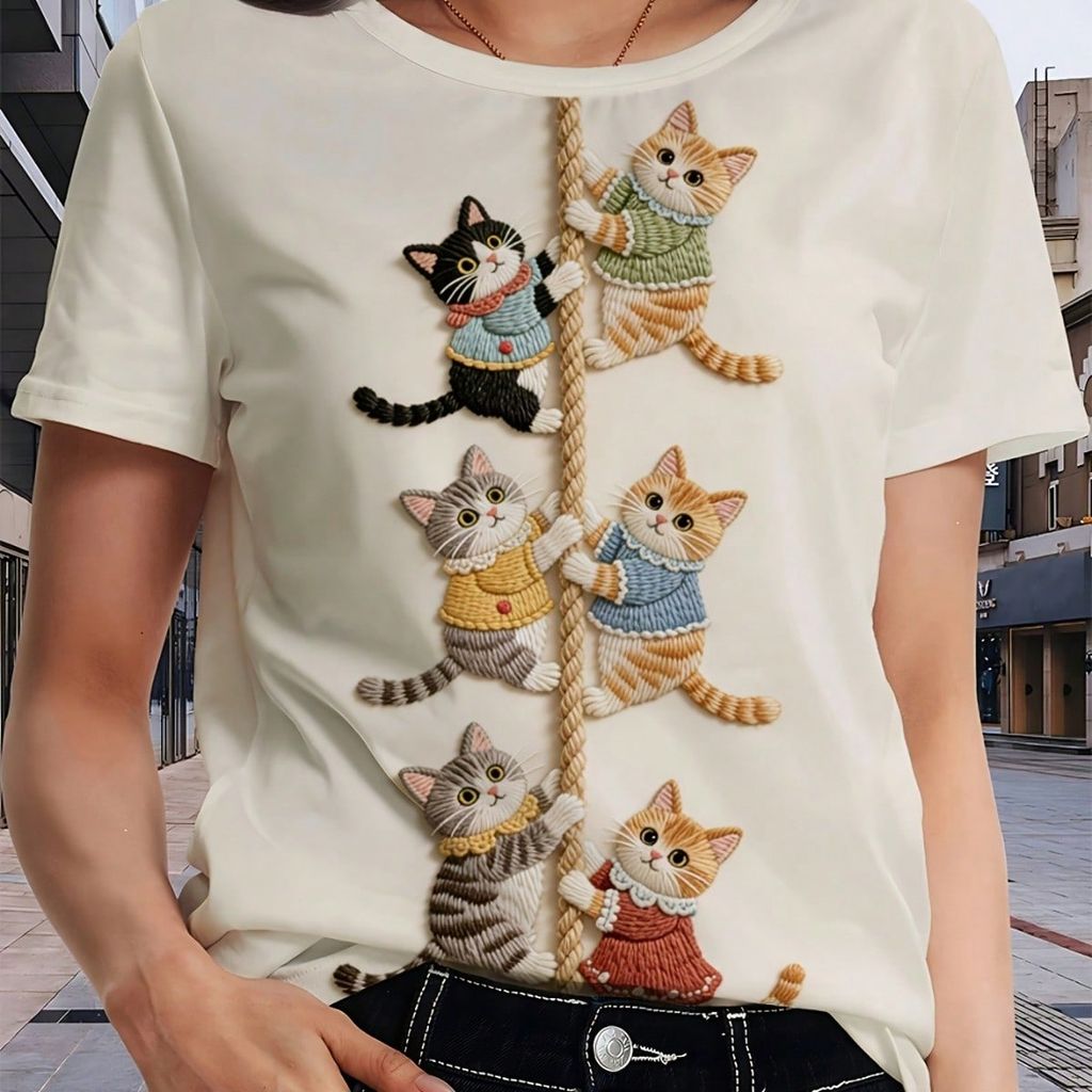 Camiseta Feminina 100% Algodão com Estampa Gatinho Fofo em DTF