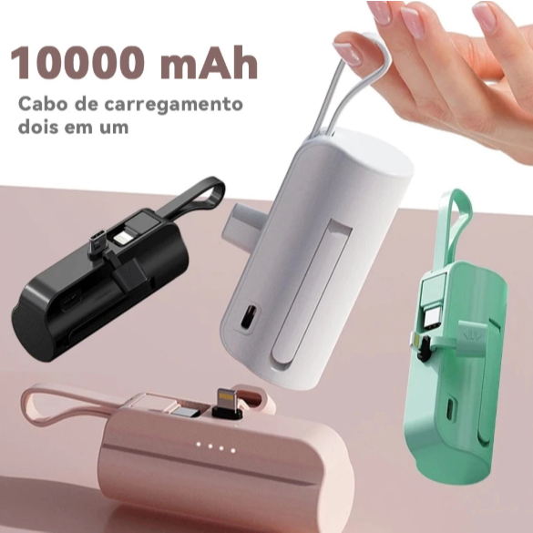 Carregador Portátil Mini Power Bank 10000mAh com Saídas Tipo-C e Lightning