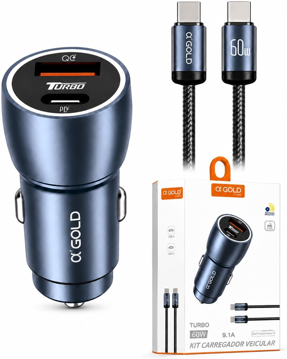 Carregador Veicular Super Turbo 60W com USB e Tipo C