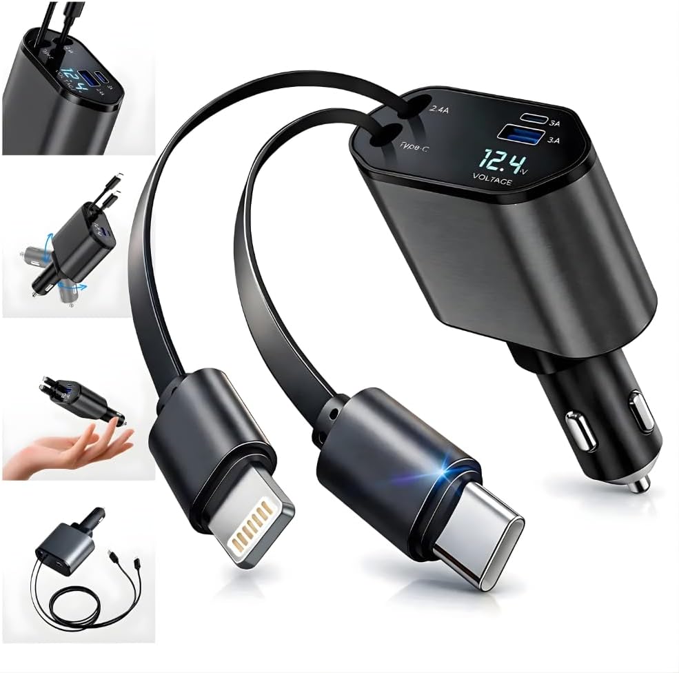Carregador Veicular Turbo 120W 4 em 1 com Cabos Retráteis