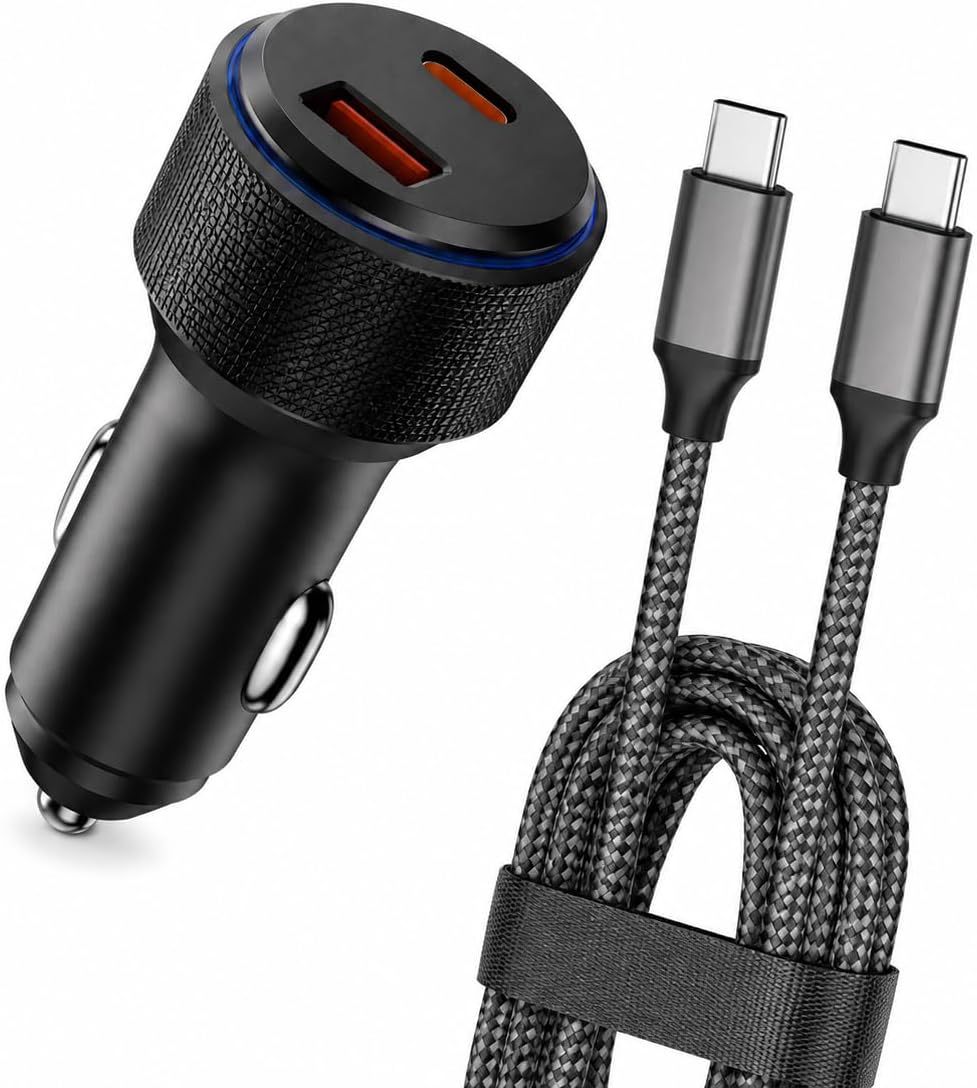 Carregador Veicular Turbo 60W com Cabo USB-C e Duas Portas