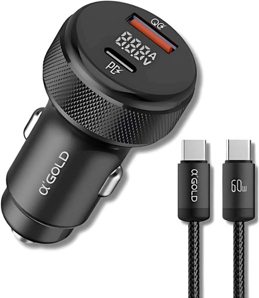 Carregador Veicular Turbo 60W com Duas Entradas e Cabo USB-C Premium