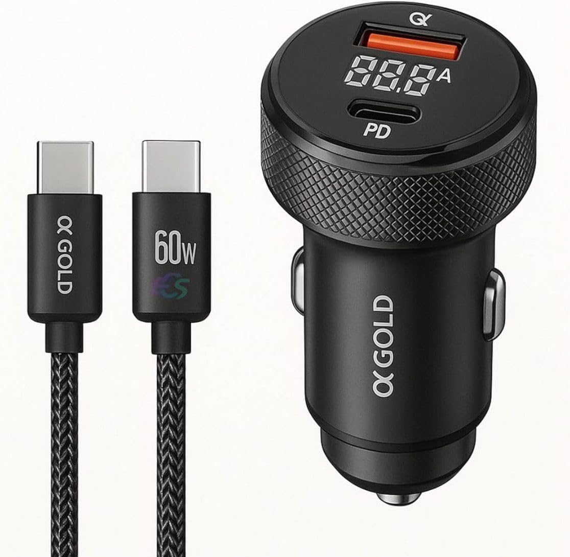 Carregador Veicular Turbo 60W com Duas Entradas e Cabo USB-C