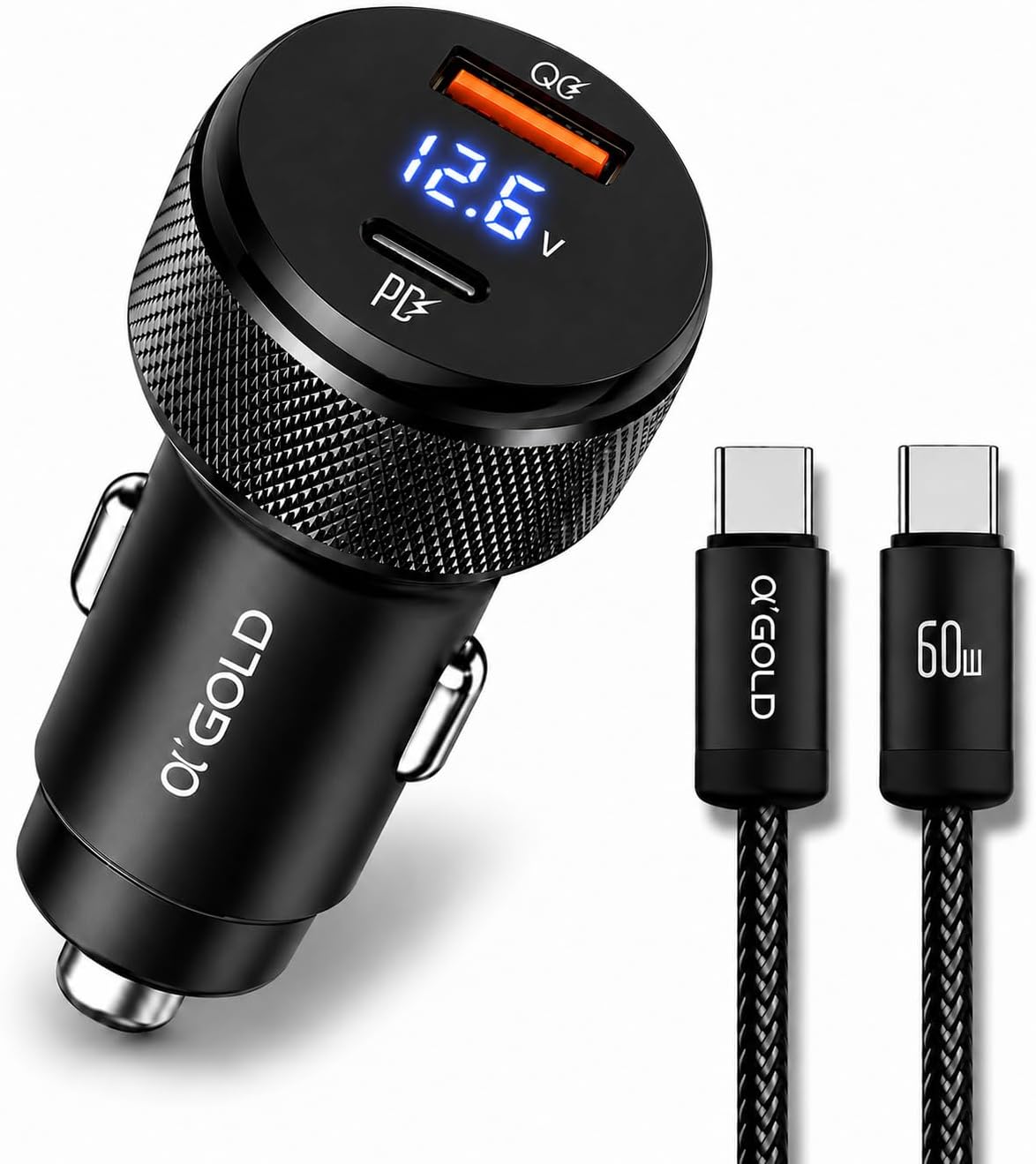 Carregador Veicular Turbo 60W USB-C PD e USB-A com Cabo Incluso