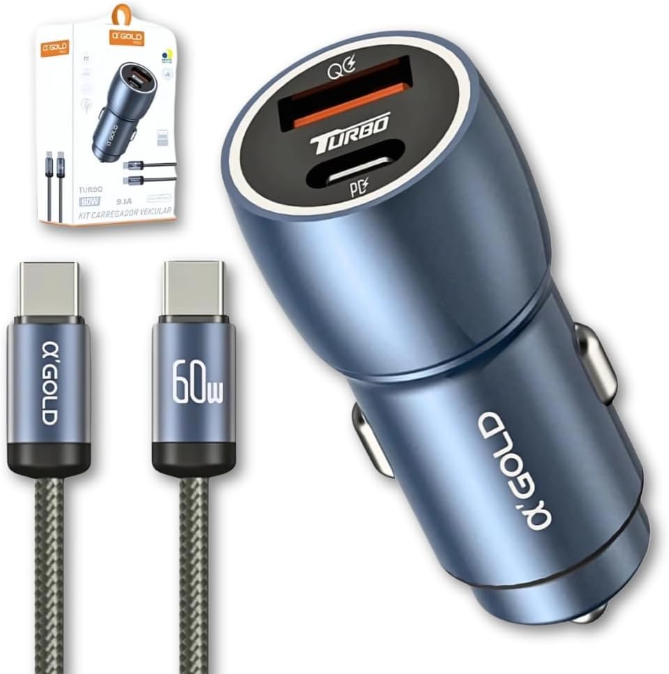 Carregador Veicular Turbo 60W com Portas USB-C e USB 3.0