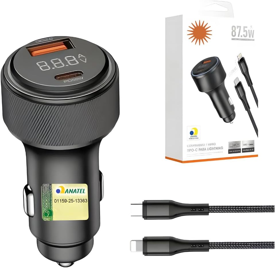 Carregador Veicular Turbo 87,5W com USB e USB-C + Cabo para iPhone