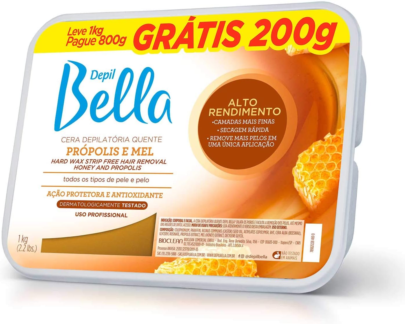 Cera Depilatória Depil Bella Própolis e Mel (800g + 200g Grátis)