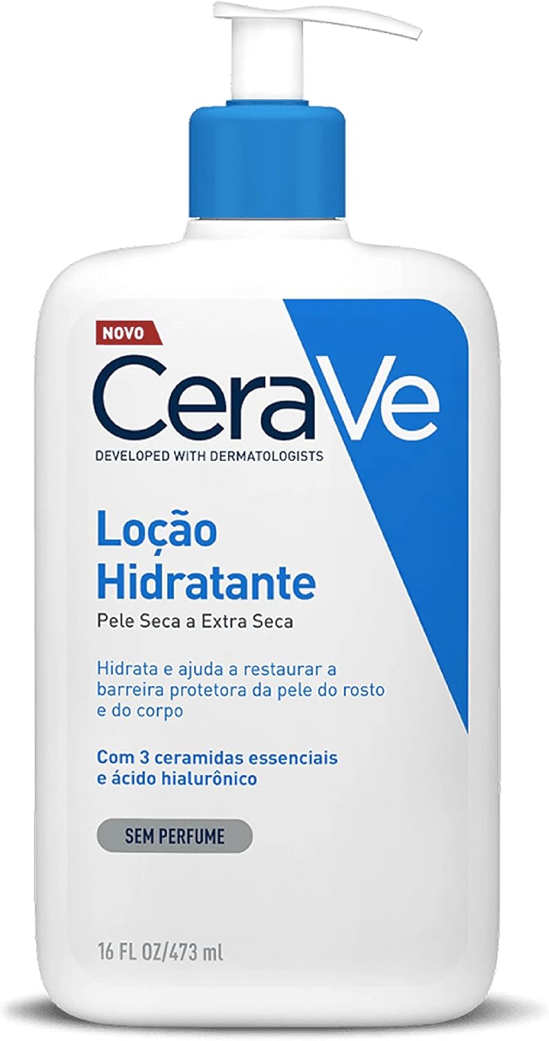 Embalagem de 473ml da Loção Hidratante CeraVe com textura fluida Frasco branco com válvula pump da Loção Hidratante CeraVe destacando informações de ceramidas e ácido hialurônico