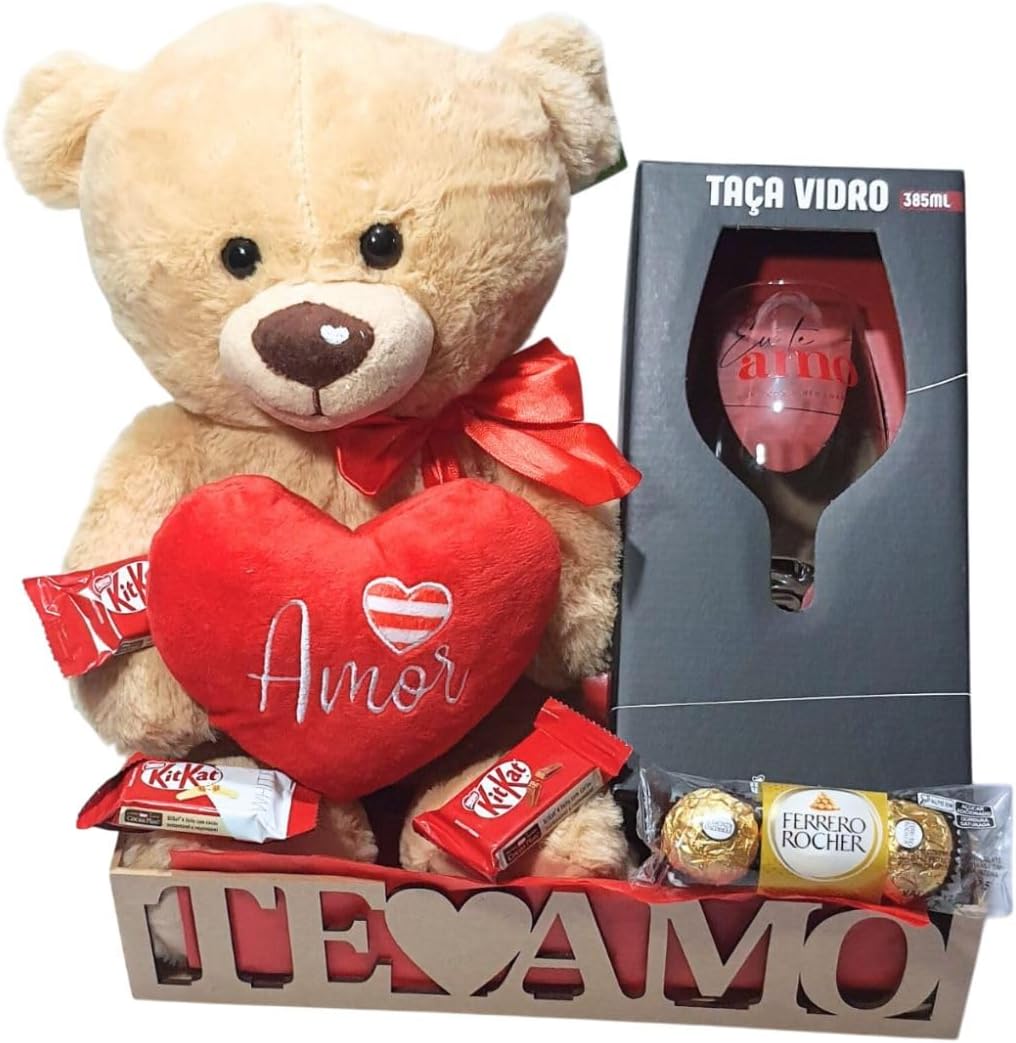 Cesta de Presente para Namorada com Pelúcia, Taça e Chocolates